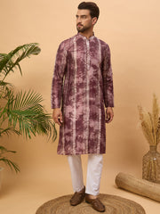 Men Burgundy Silk Blend Shibori Embroidered Straight Kurta-MKU1537