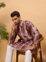 Men Burgundy Silk Blend Shibori Embroidered Straight Kurta-MKU1537