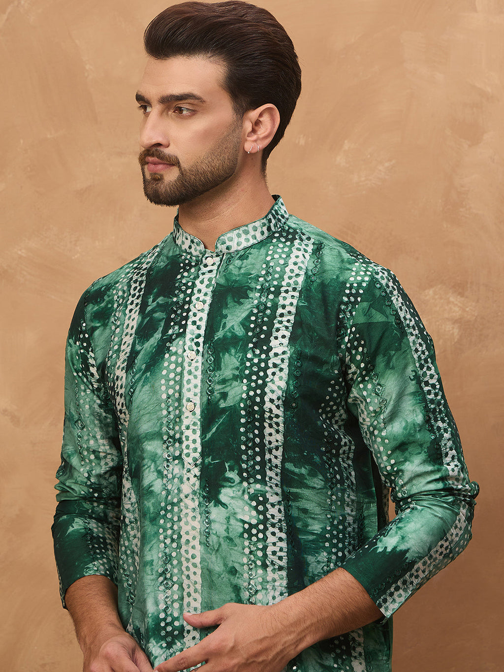 Men Green Silk Blend Shibori Embroidered Straight Kurta-MKU1538