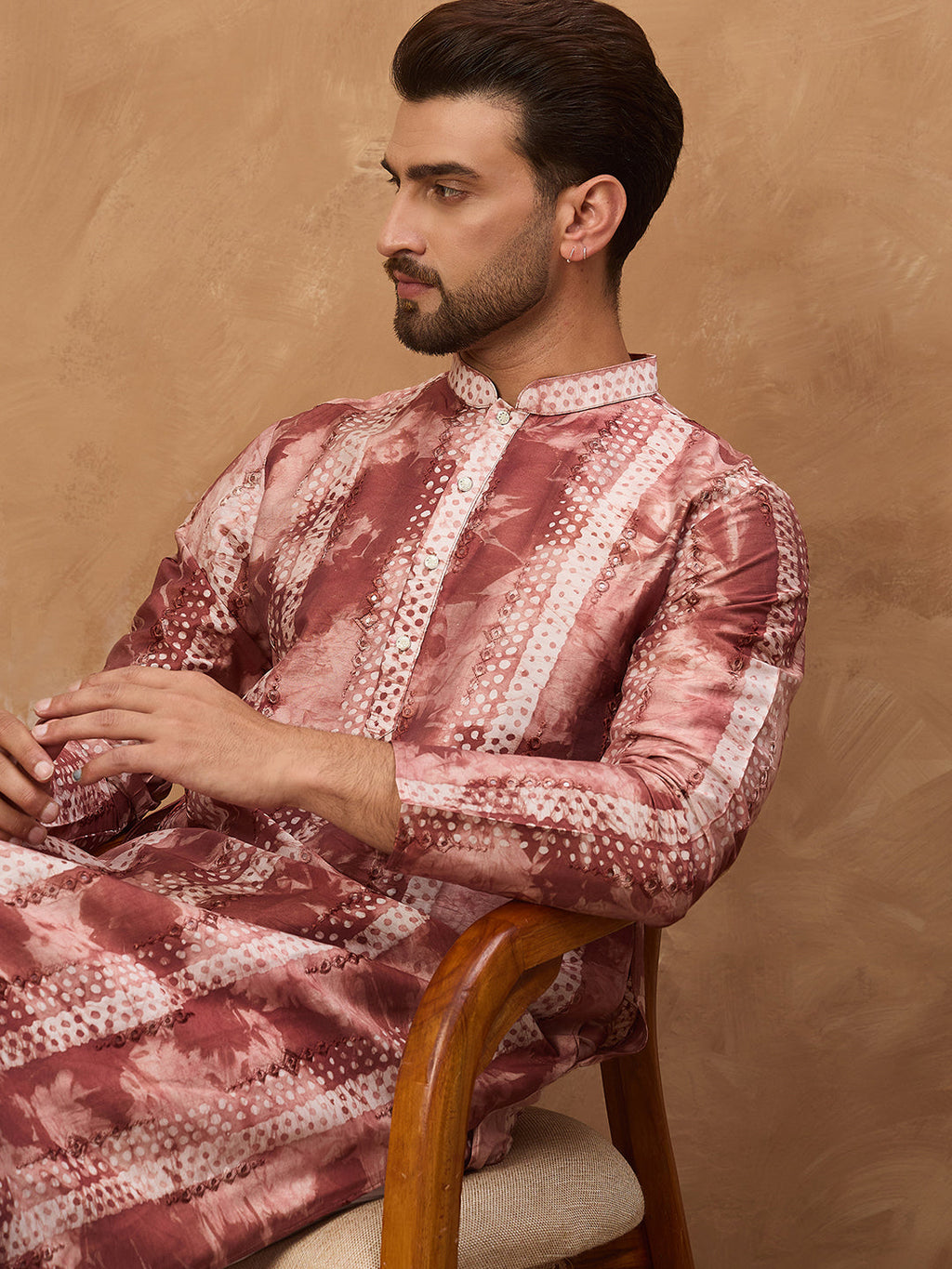 Men Brown Silk Blend Shibori Embroidered Straight Kurta-MKU1539