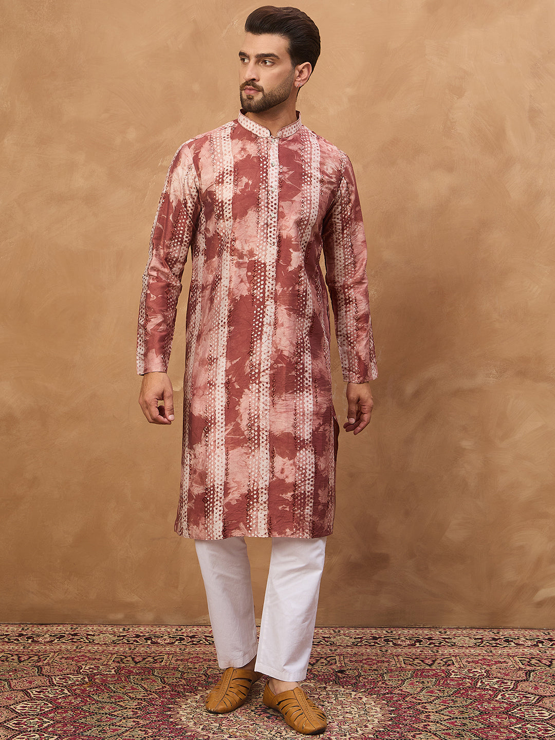 Men Brown Silk Blend Shibori Embroidered Straight Kurta-MKU1539