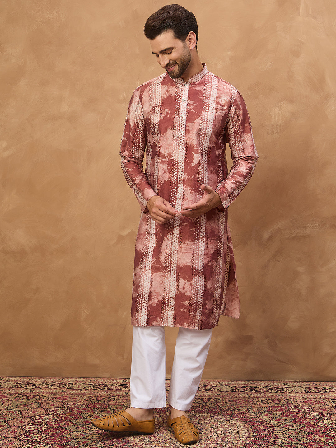 Men Brown Silk Blend Shibori Embroidered Straight Kurta-MKU1539