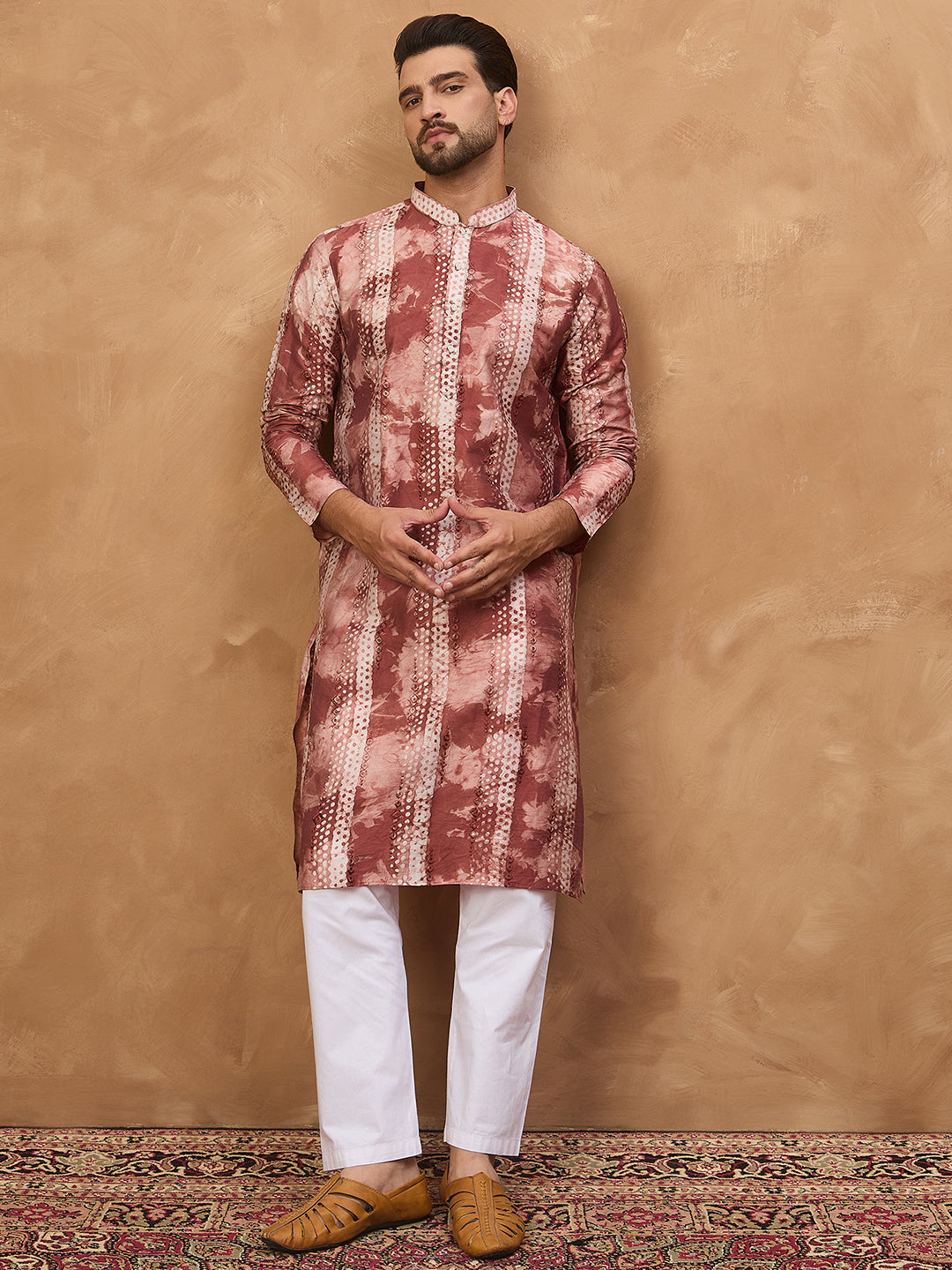 Men Brown Silk Blend Shibori Embroidered Straight Kurta-MKU1539