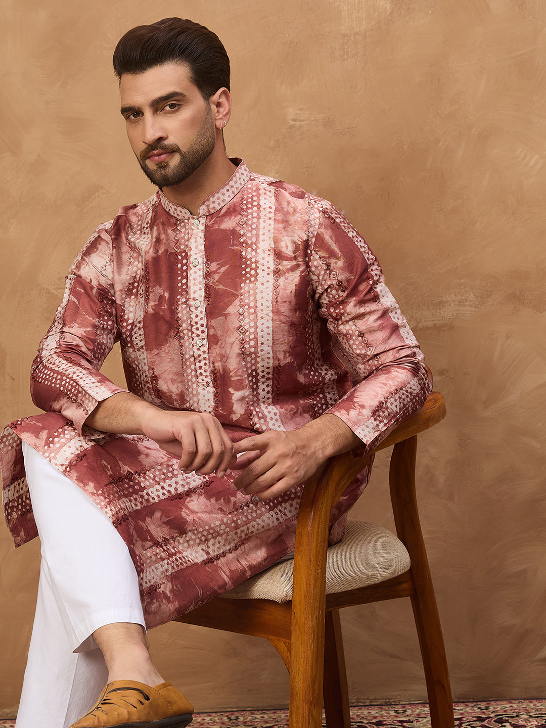 Men Brown Silk Blend Shibori Embroidered Straight Kurta-MKU1539