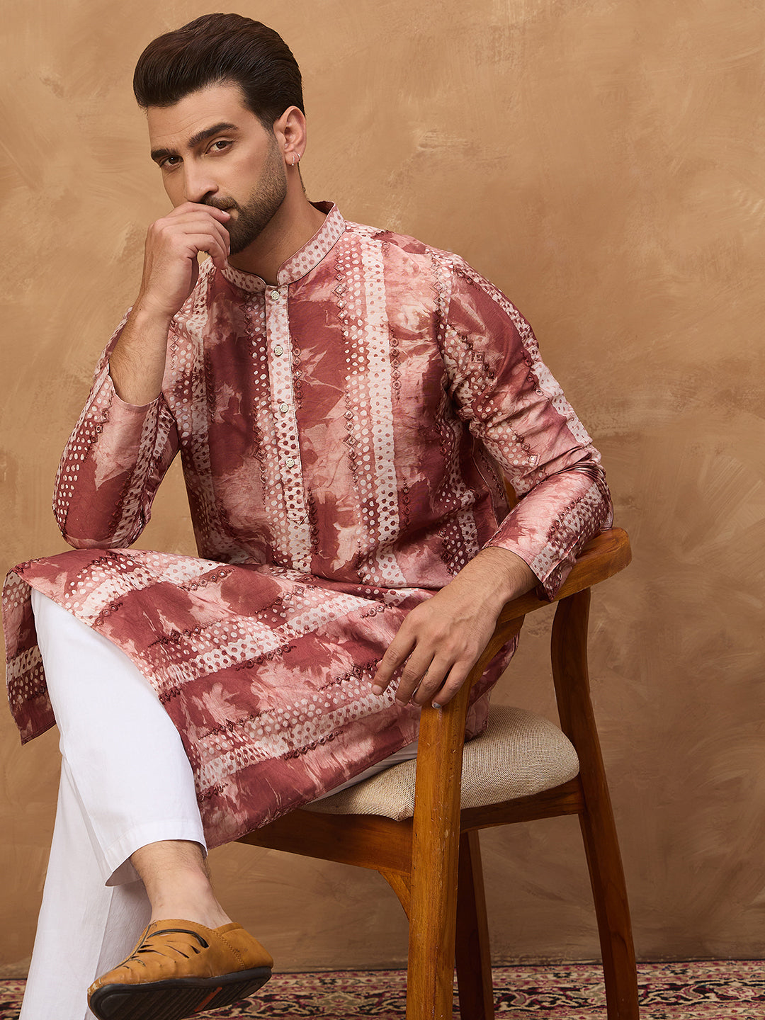 Men Brown Silk Blend Shibori Embroidered Straight Kurta-MKU1539