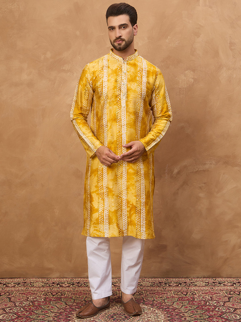 Men Yellow Silk Blend Shibori Embroidered Straight Kurta-MKU1540