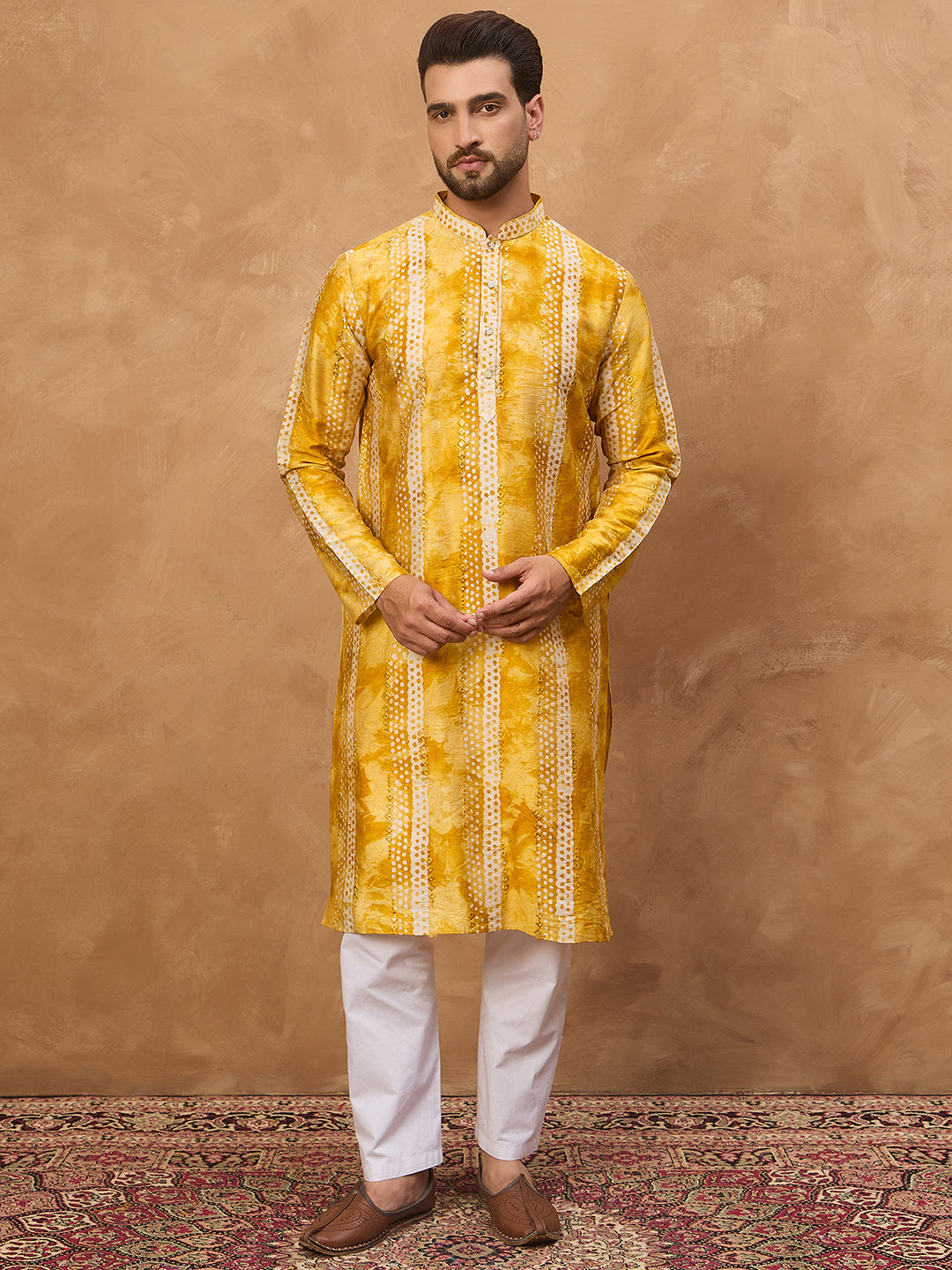 Men Yellow Silk Blend Shibori Embroidered Straight Kurta-MKU1540