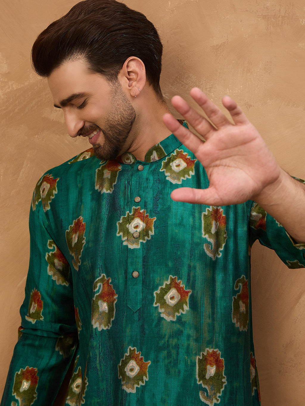 Men Teal Viscose Rayon Ethnic Motifs Printed Straight Kurta-MKU1541