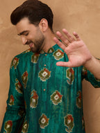 Men Teal Viscose Rayon Ethnic Motifs Printed Straight Kurta-MKU1541