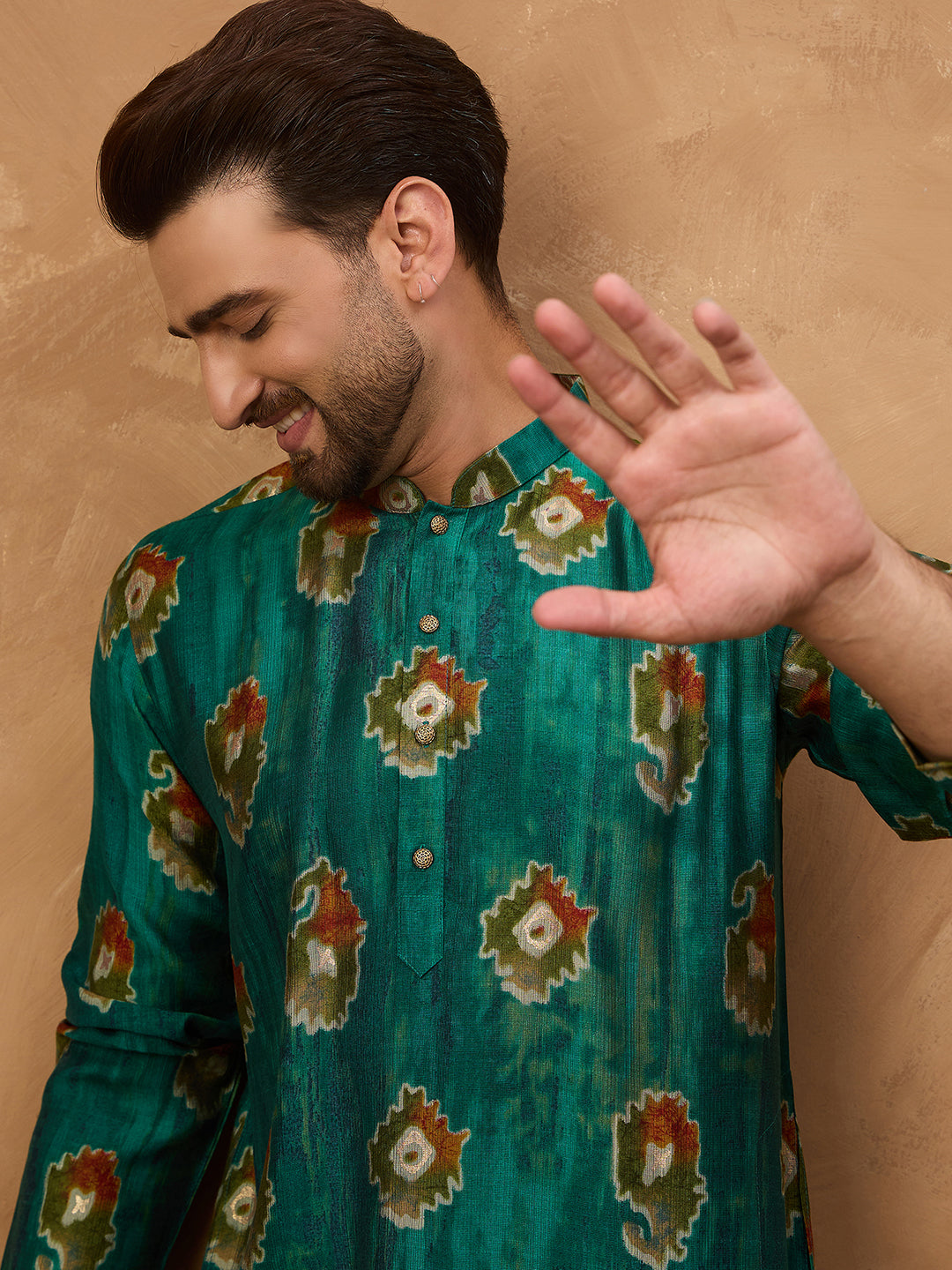 Men Teal Viscose Rayon Ethnic Motifs Printed Straight Kurta-MKU1541