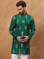 Men Teal Viscose Rayon Ethnic Motifs Printed Straight Kurta-MKU1541