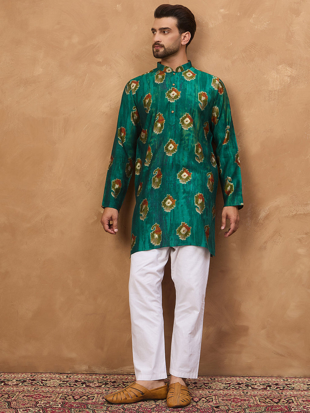 Men Teal Viscose Rayon Ethnic Motifs Printed Straight Kurta-MKU1541