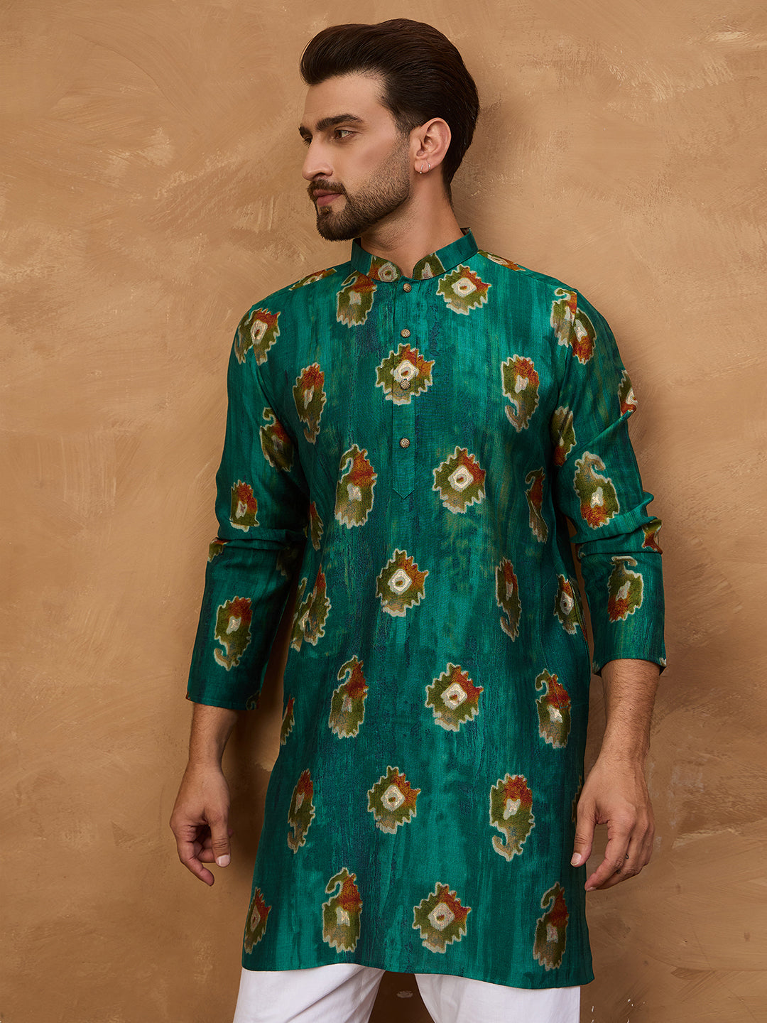 Men Teal Viscose Rayon Ethnic Motifs Printed Straight Kurta-MKU1541