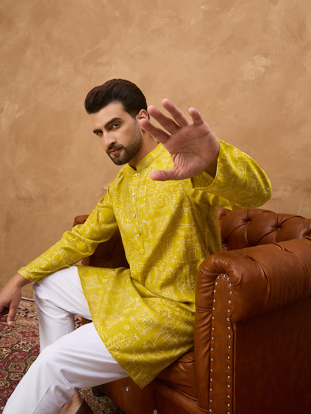 Men Yellow Viscose Rayon Ethnic Motifs Printed Straight Kurta-MKU1542