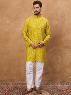 Men Yellow Viscose Rayon Ethnic Motifs Printed Straight Kurta-MKU1542