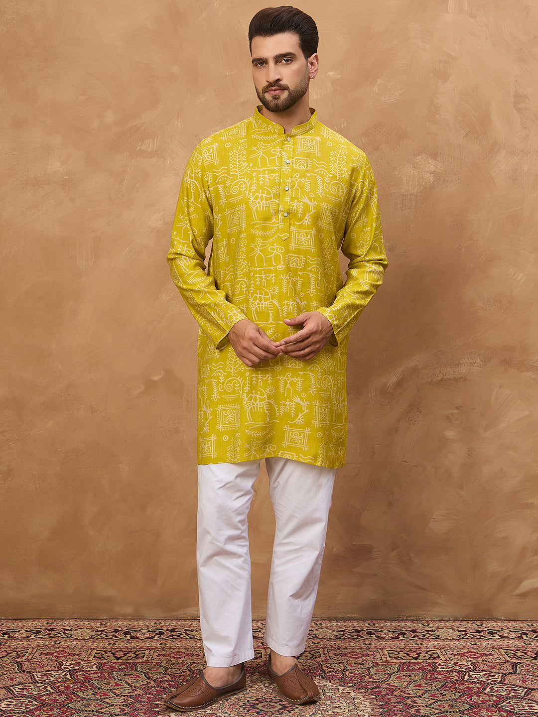 Men Yellow Viscose Rayon Ethnic Motifs Printed Straight Kurta-MKU1542