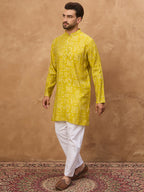 Men Yellow Viscose Rayon Ethnic Motifs Printed Straight Kurta-MKU1542