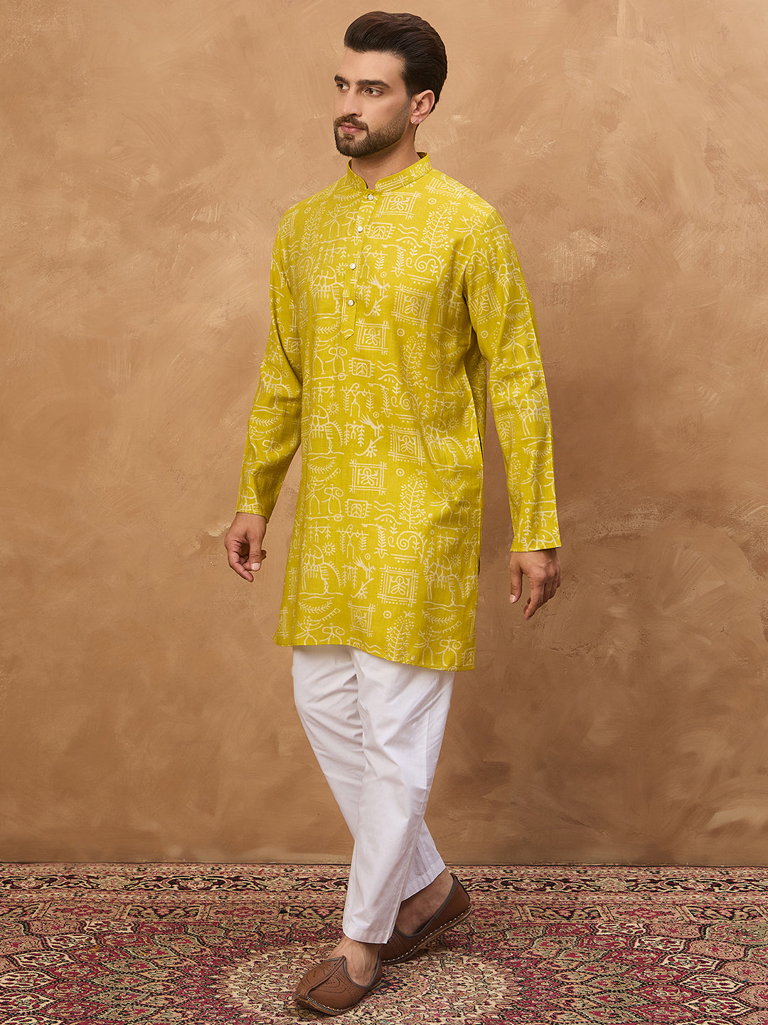 Men Yellow Viscose Rayon Ethnic Motifs Printed Straight Kurta-MKU1542