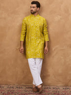 Men Yellow Viscose Rayon Ethnic Motifs Printed Straight Kurta-MKU1542