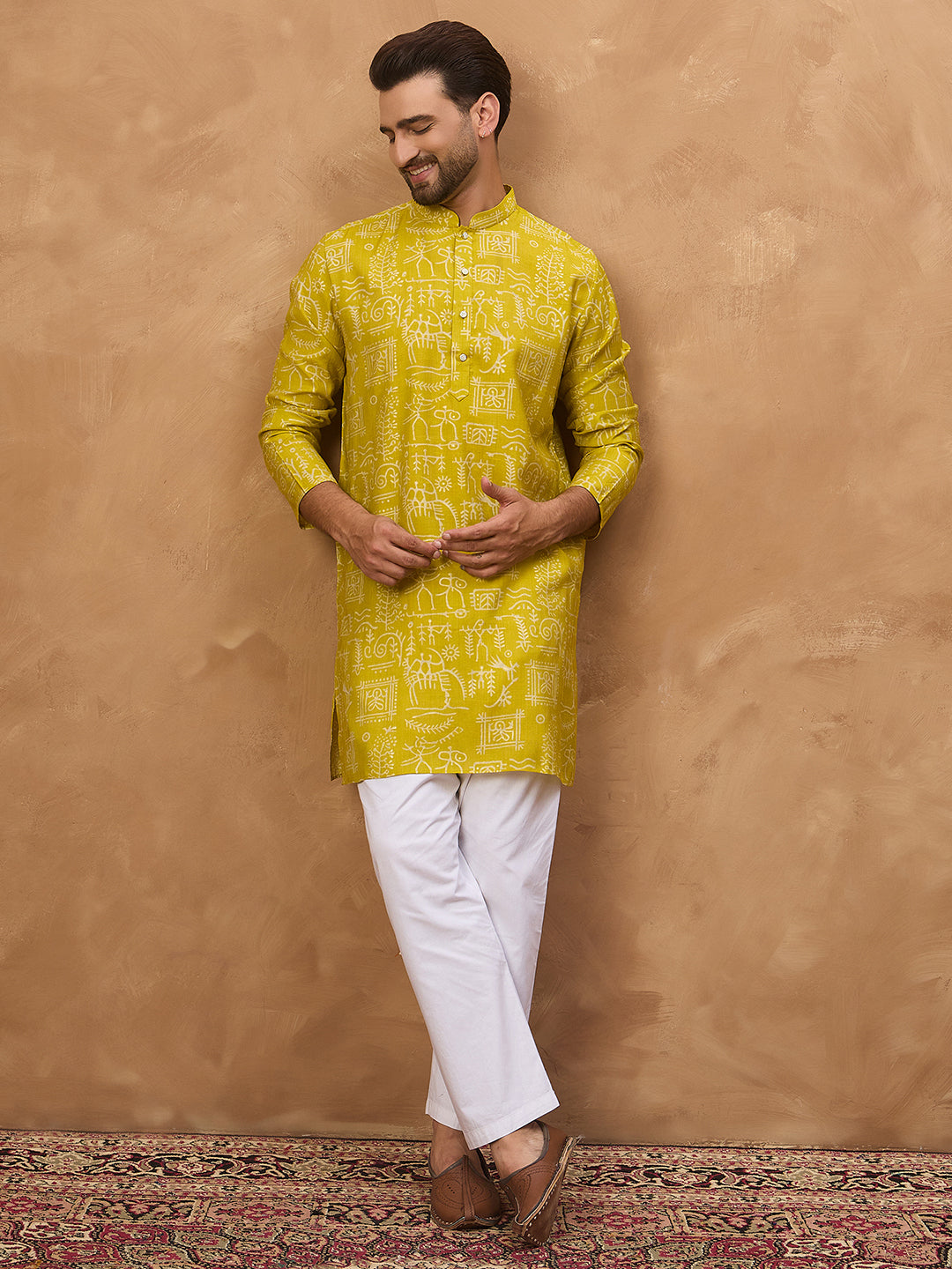 Men Yellow Viscose Rayon Ethnic Motifs Printed Straight Kurta-MKU1542