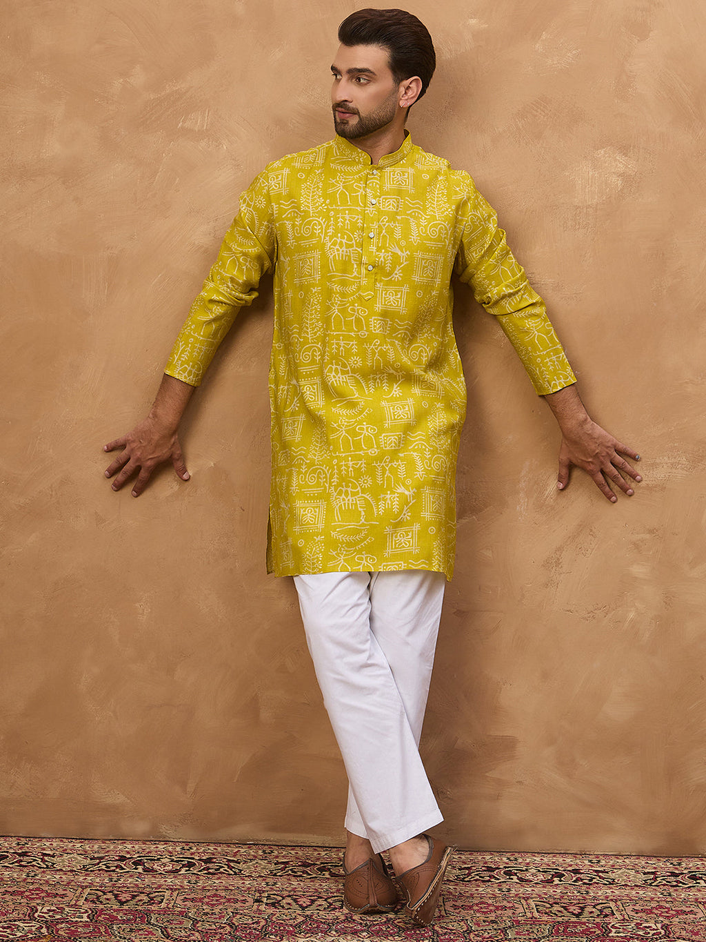 Men Yellow Viscose Rayon Ethnic Motifs Printed Straight Kurta-MKU1542