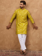 Men Yellow Viscose Rayon Ethnic Motifs Printed Straight Kurta-MKU1542