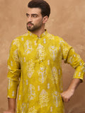 Men Yellow Viscose Rayon Ikat Printed Straight Kurta-MKU1543