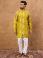 Men Yellow Viscose Rayon Ikat Printed Straight Kurta-MKU1543
