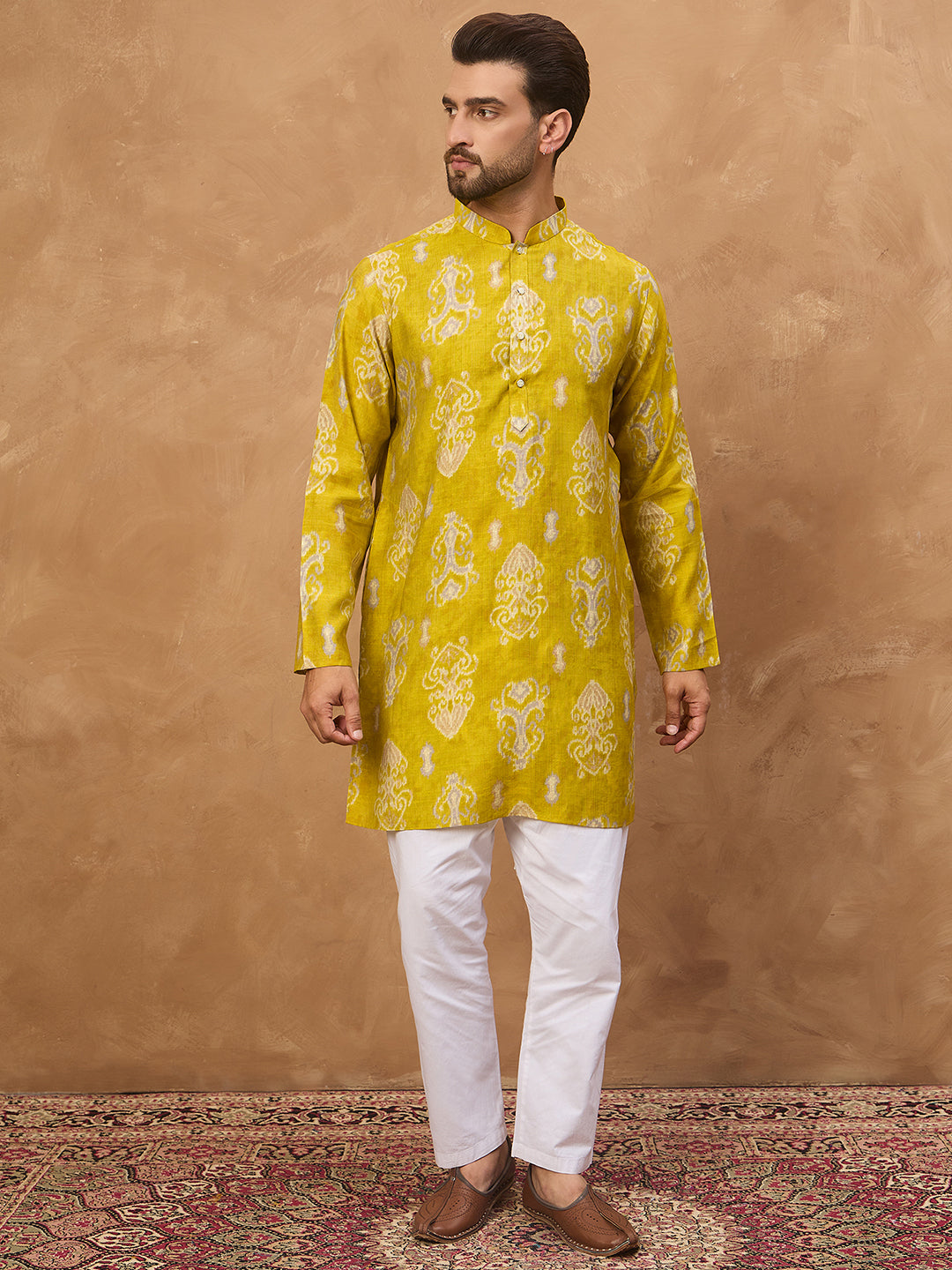 Men Yellow Viscose Rayon Ikat Printed Straight Kurta-MKU1543