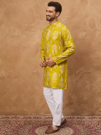 Men Yellow Viscose Rayon Ikat Printed Straight Kurta-MKU1543