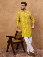 Men Yellow Viscose Rayon Ikat Printed Straight Kurta-MKU1543