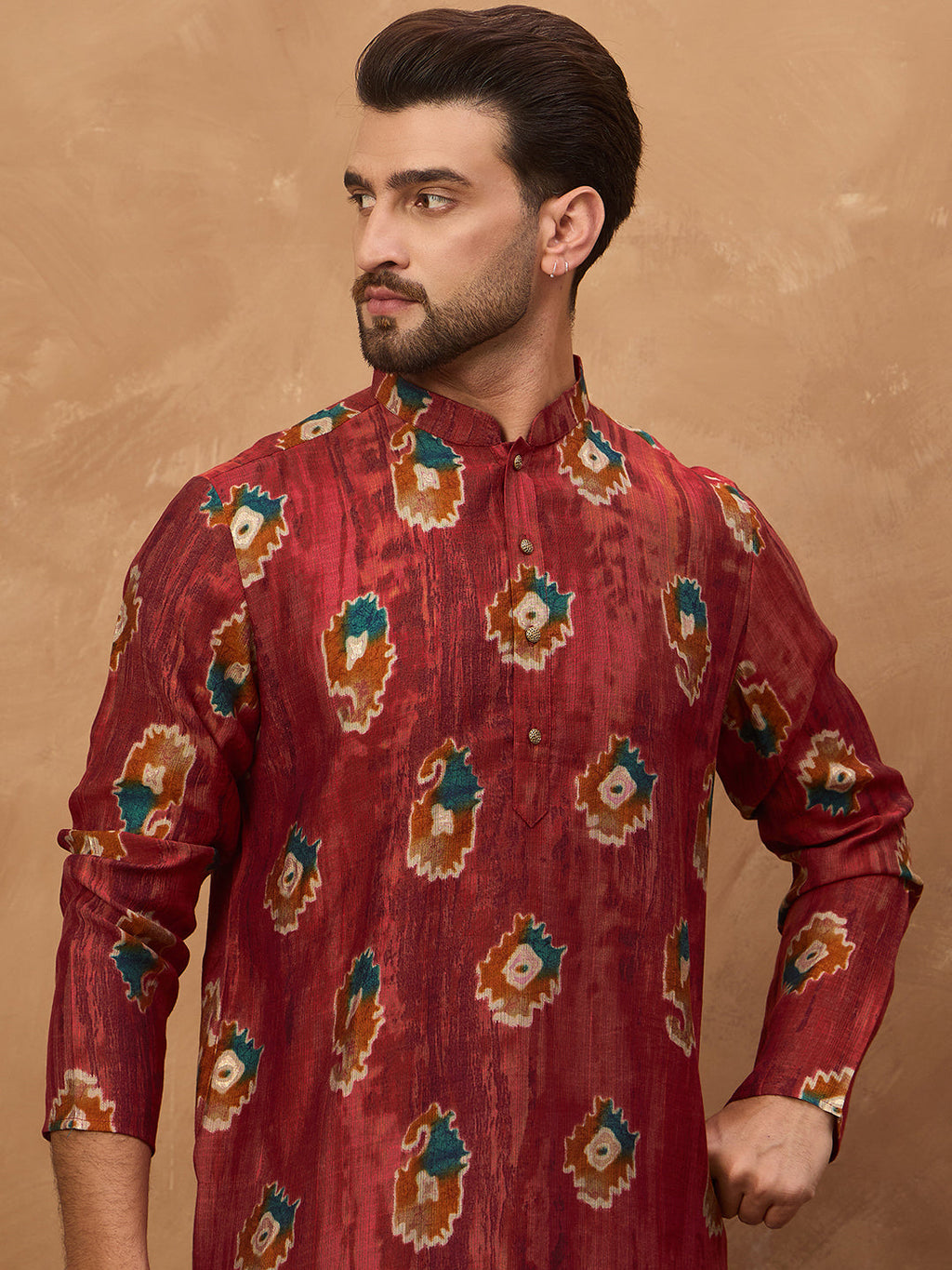 Men Red Viscose Rayon Ethnic Motifs Printed Straight Kurta-MKU1544