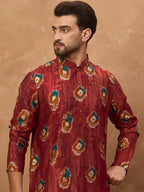 Men Red Viscose Rayon Ethnic Motifs Printed Straight Kurta-MKU1544