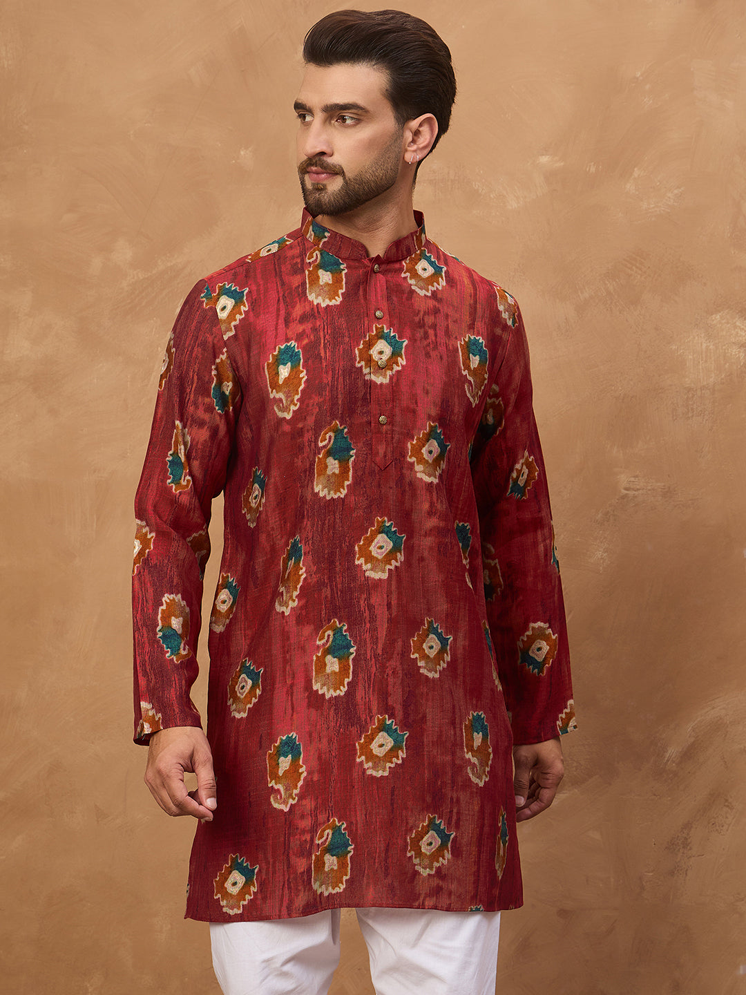 Men Red Viscose Rayon Ethnic Motifs Printed Straight Kurta-MKU1544