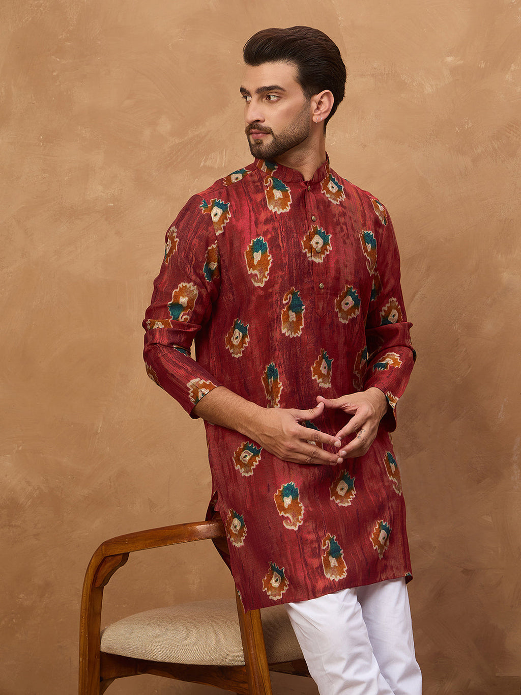 Men Red Viscose Rayon Ethnic Motifs Printed Straight Kurta-MKU1544