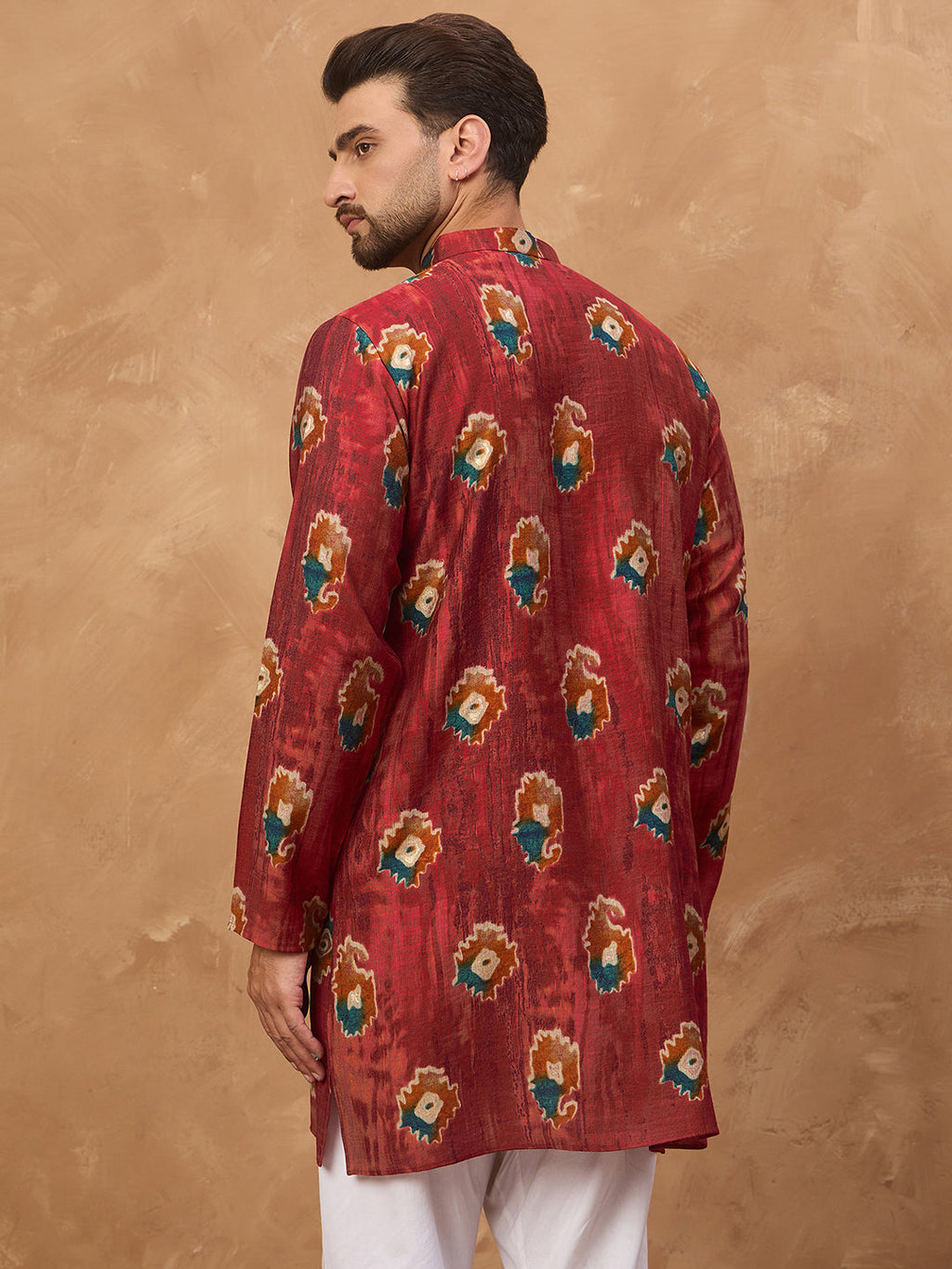 Men Red Viscose Rayon Ethnic Motifs Printed Straight Kurta-MKU1544