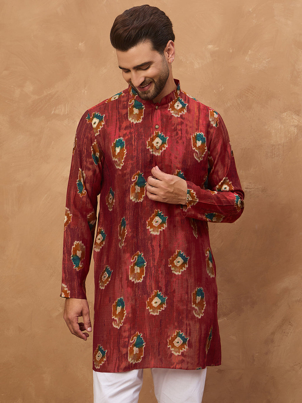Men Red Viscose Rayon Ethnic Motifs Printed Straight Kurta-MKU1544
