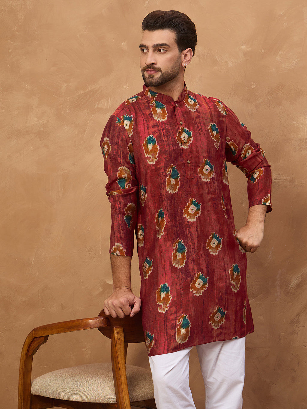 Men Red Viscose Rayon Ethnic Motifs Printed Straight Kurta-MKU1544