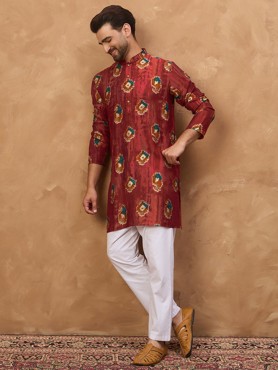 Men Red Viscose Rayon Ethnic Motifs Printed Straight Kurta-MKU1544