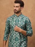 Men Green Cotton Blend Ethnic Motifs Printed Straight Kurta-MKU1545