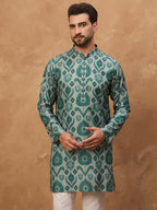 Men Green Cotton Blend Ethnic Motifs Printed Straight Kurta-MKU1545