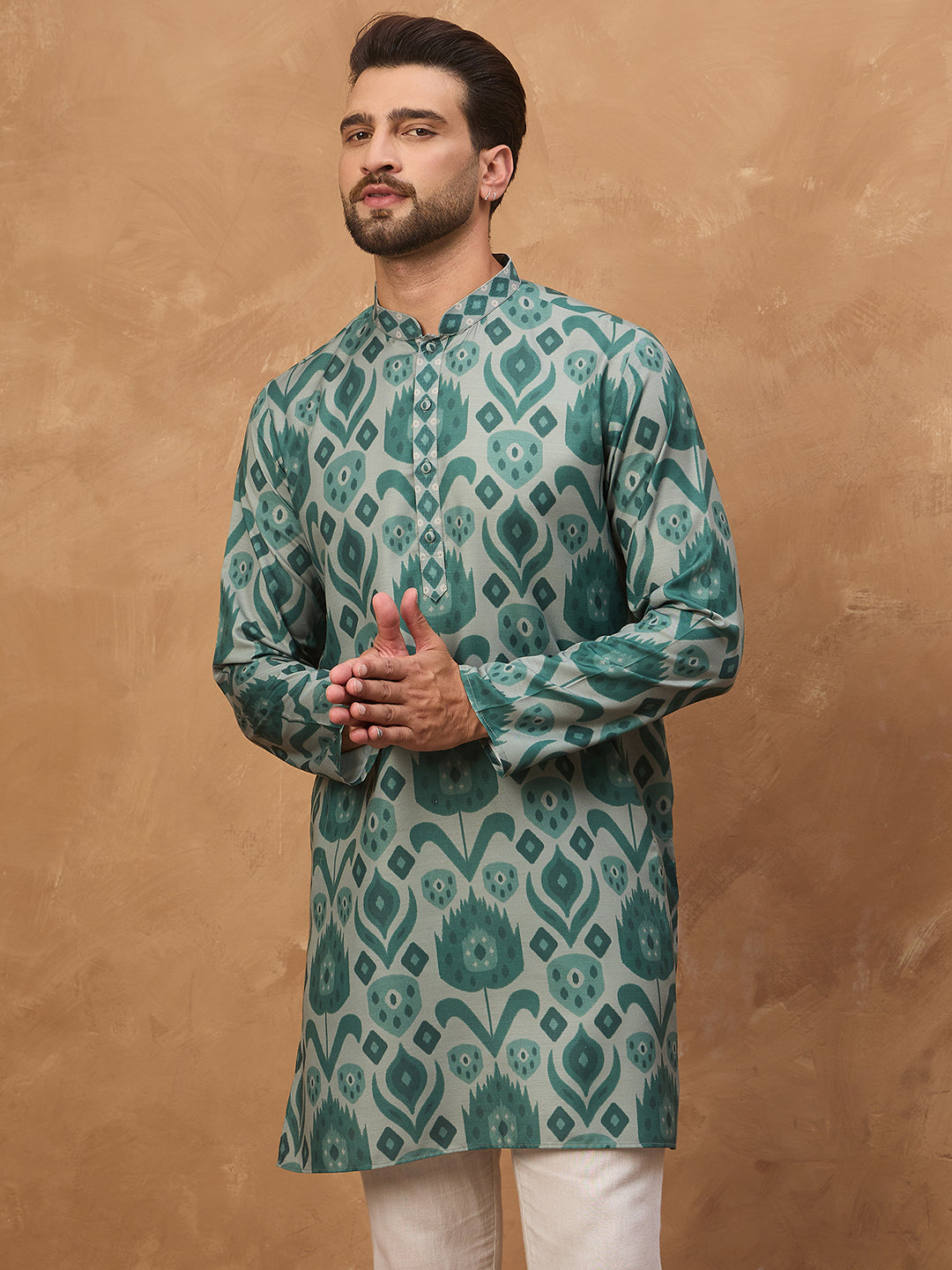 Men Green Cotton Blend Ethnic Motifs Printed Straight Kurta-MKU1545