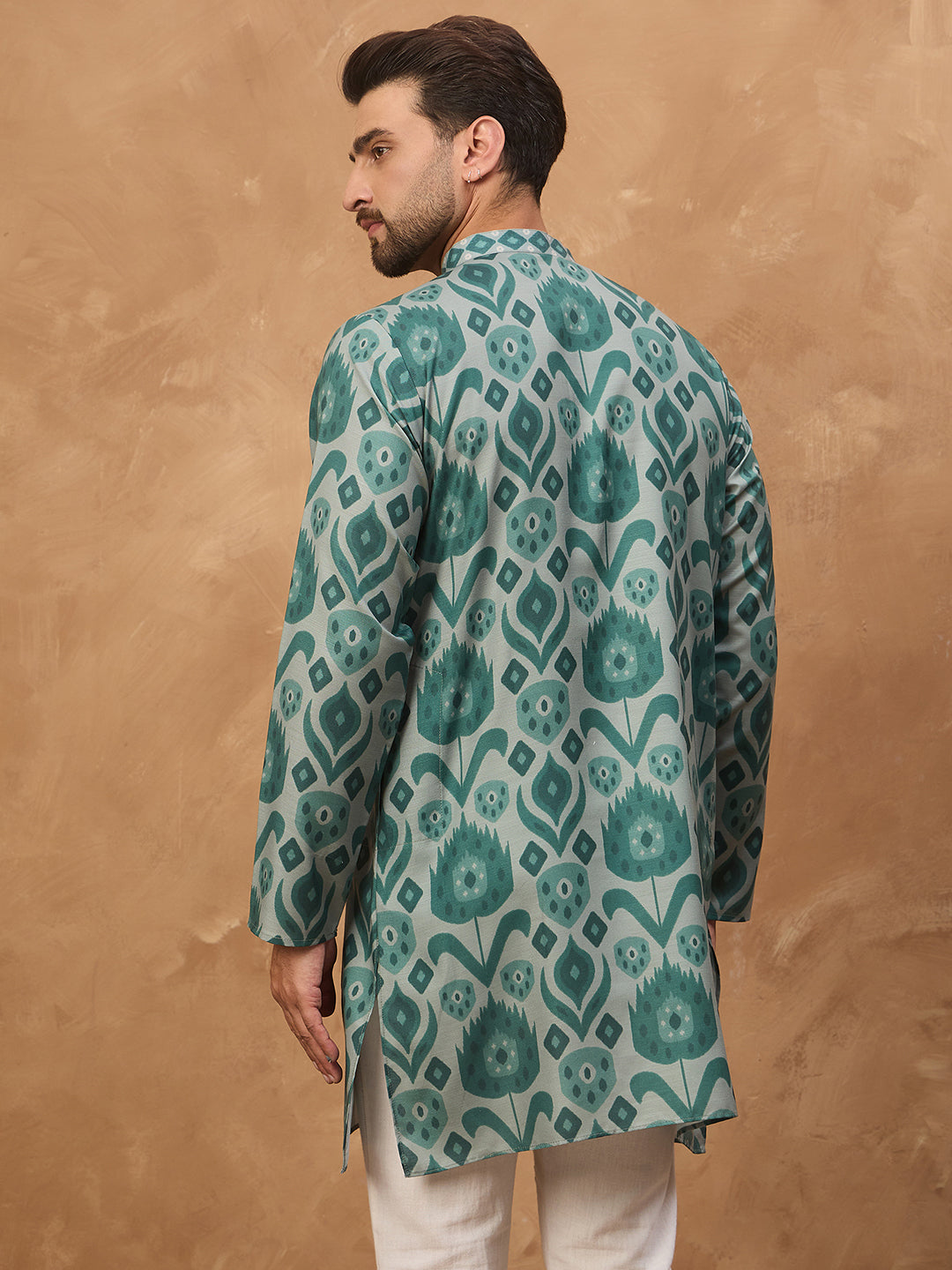 Men Green Cotton Blend Ethnic Motifs Printed Straight Kurta-MKU1545
