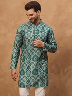 Men Green Cotton Blend Ethnic Motifs Printed Straight Kurta-MKU1545
