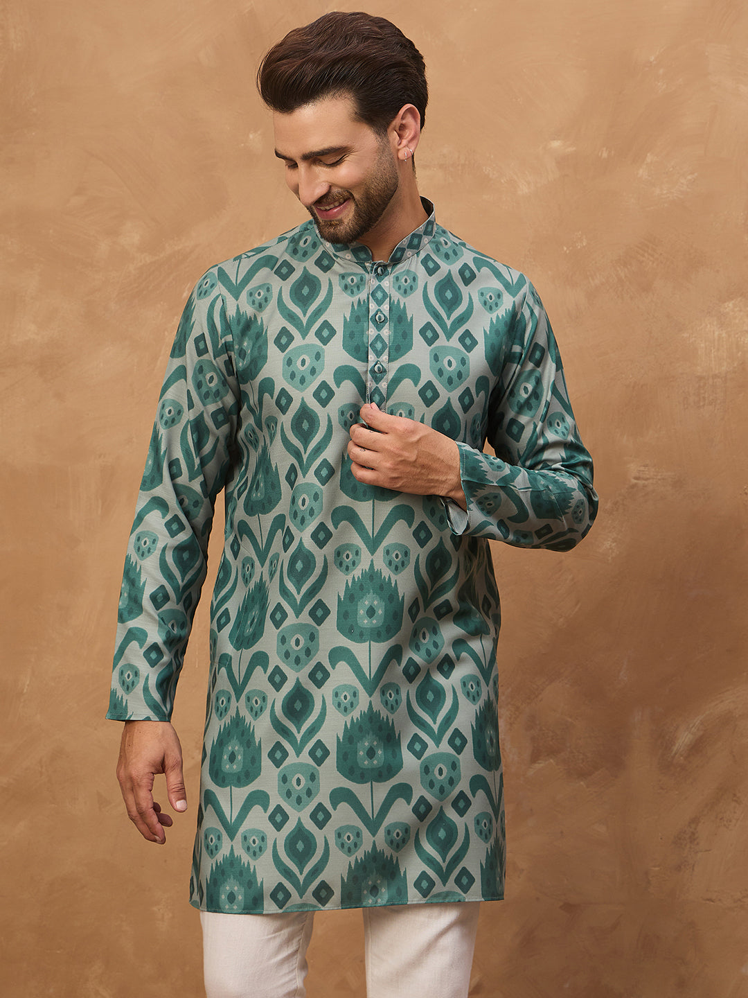 Men Green Cotton Blend Ethnic Motifs Printed Straight Kurta-MKU1545