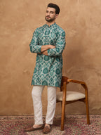 Men Green Cotton Blend Ethnic Motifs Printed Straight Kurta-MKU1545