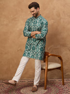 Men Green Cotton Blend Ethnic Motifs Printed Straight Kurta-MKU1545