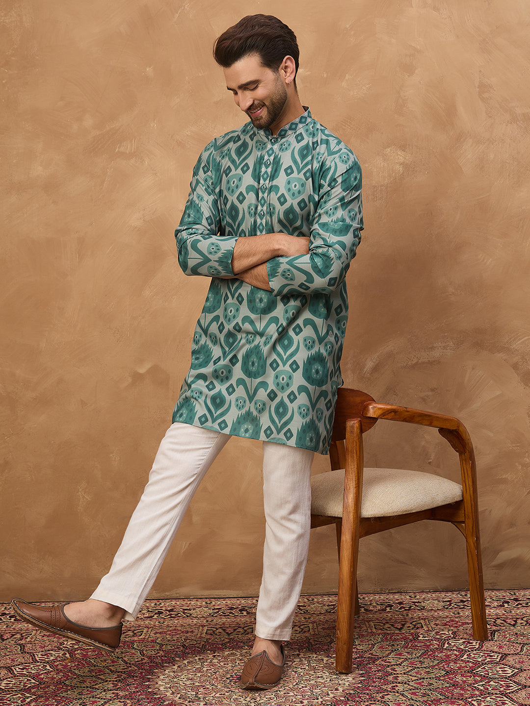Men Green Cotton Blend Ethnic Motifs Printed Straight Kurta-MKU1545