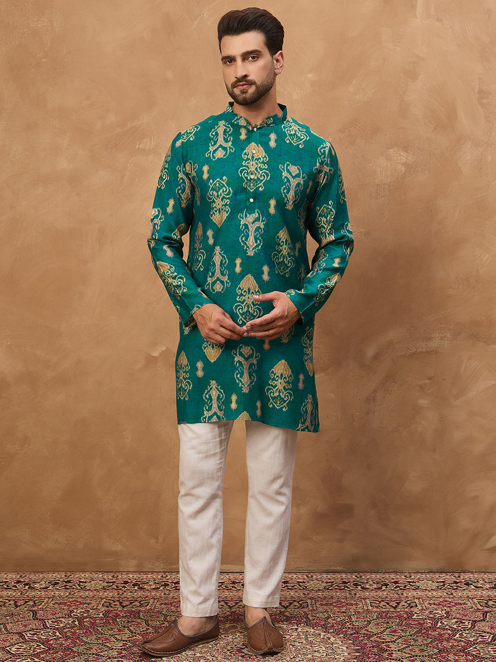 Men Blue Viscose Rayon Ikat Printed Straight Kurta-MKU1546