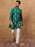 Men Blue Viscose Rayon Ikat Printed Straight Kurta-MKU1546